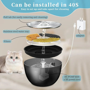 Cat water fountain with stainless steel tray, filters, and DC pump, easy to clean and assemble in 40 seconds
