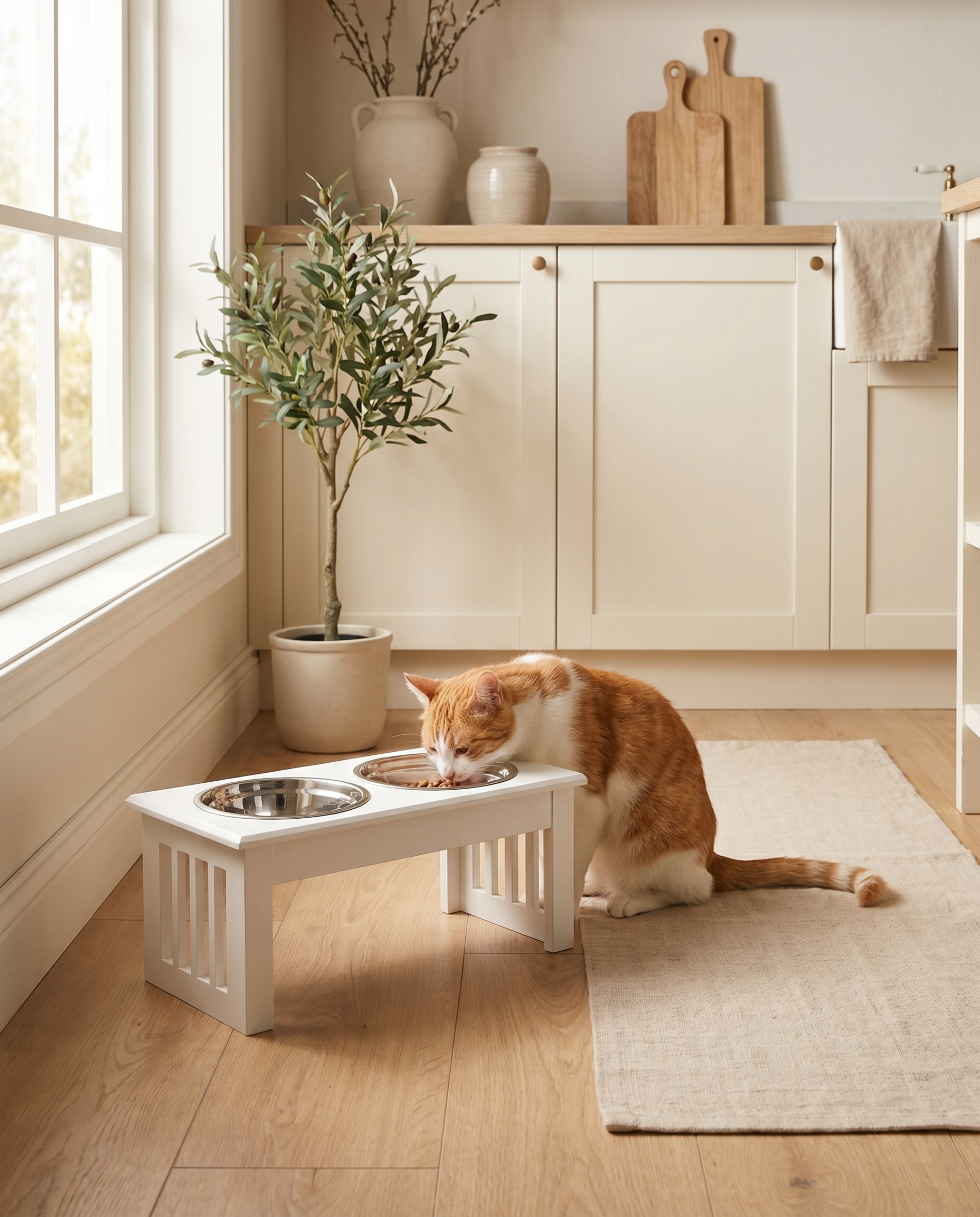 Orange and white cat eating from elevated white pet feeder with stainless steel bowls in cozy kitchen