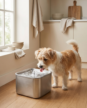 Small dog drinking from stainless steel pet water fountain in cozy kitchen