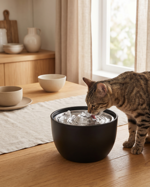 Cat drinking from quiet pet water fountain on wooden table, cozy home setting