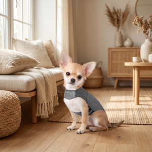 Chihuahua wearing gray calming vest in cozy living room with natural light and pet-friendly decor