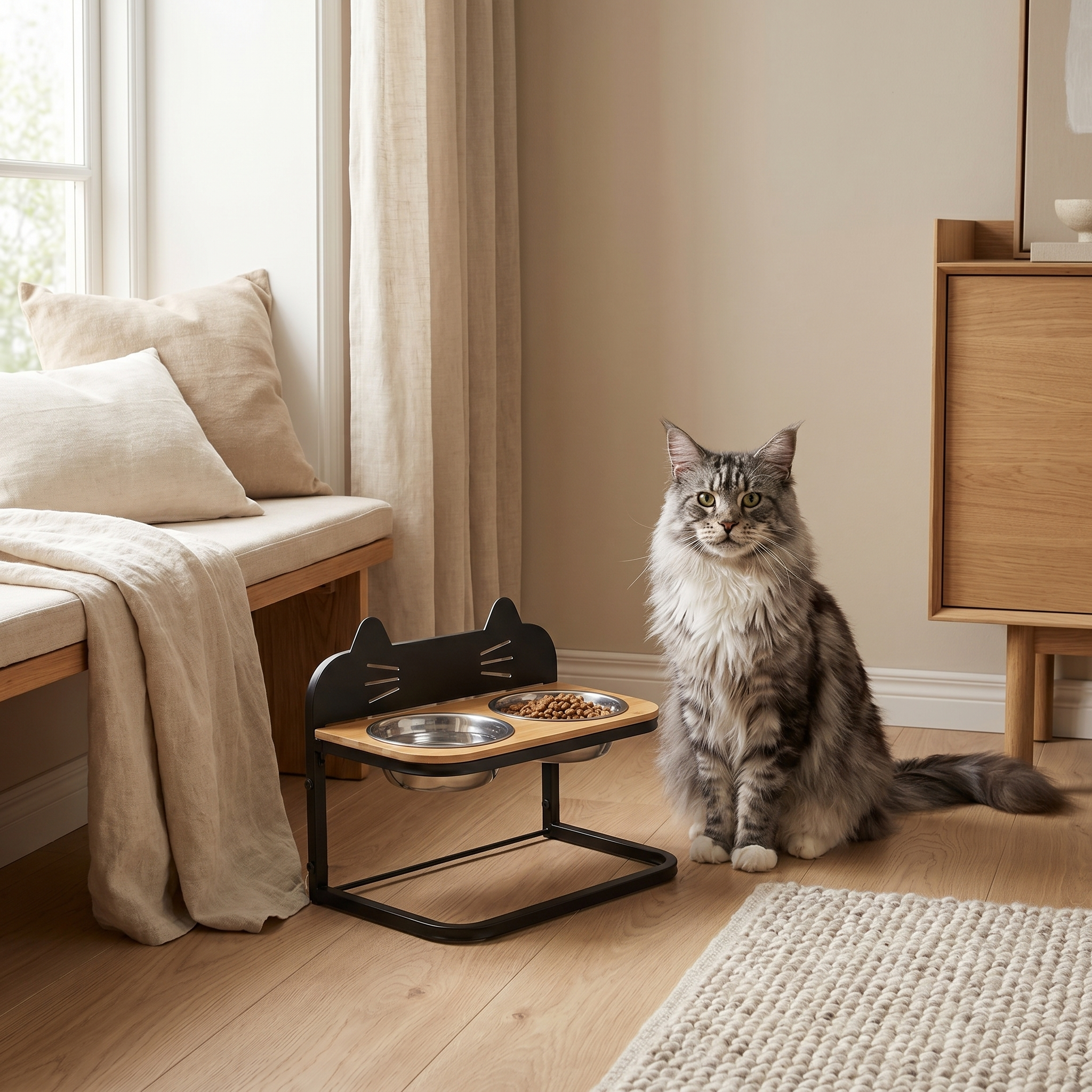 Fluffy cat beside elevated cat feeder with cat-ear design, cozy home setting with wooden floor and window