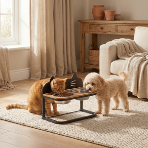 Cat and dog eating from elevated pet feeder with cat-shaped back, cozy living room setting