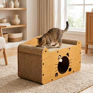 Cat using wooden scratcher bed with cat-shaped hideaway, cozy home pet furniture