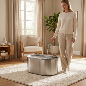 Stainless steel pet water fountain with flowing water in cozy living room, ideal for cats and dogs