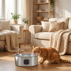 Orange cat drinking from stainless steel pet water fountain in cozy living room