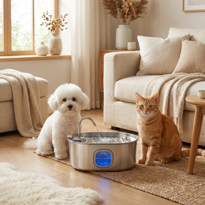 Cat and dog beside stainless steel pet water fountain with blue light in cozy living room