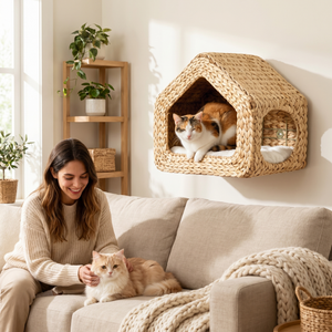 Woven wall-mounted cat bed with cozy calico cat, woman petting ginger cat on sofa