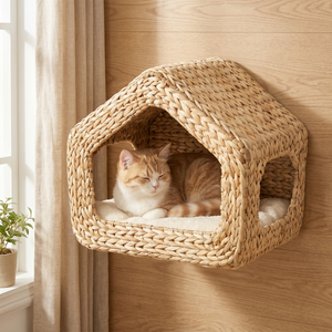 Cozy woven cat bed with soft cushion, perfect for cats & dogs, mounted on wood wall near window