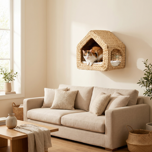 Calico cat resting in woven wall-mounted cat bed above cozy living room sofa