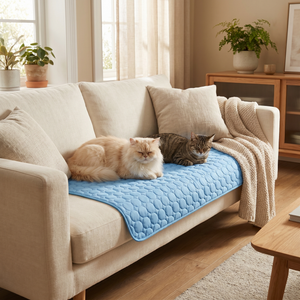Two cats resting on a blue quilted pet cooling mat on a cozy sofa, perfect for cat comfort and furniture protection.