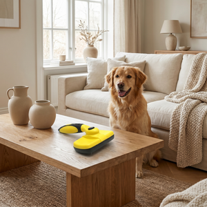 Golden retriever beside yellow pet grooming brush on wooden table in cozy living room