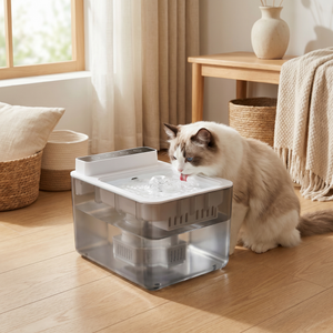 Cat drinking from quiet, filtered pet water fountain in cozy home setting