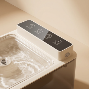 Smart pet water fountain with sensor, timer, and power controls for cats and dogs