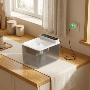 Quiet pet water fountain with flowing water, placed on kitchen counter near window, plugged in and running