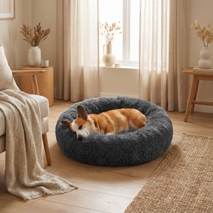 Cozy gray plush dog bed with sleeping corgi, perfect for pet comfort in modern home settings.