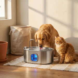 Golden retriever and ginger cat drinking from stainless steel pet water fountain with blue light