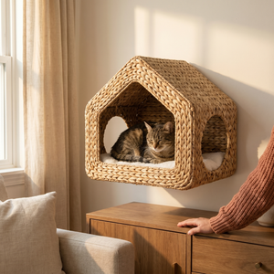 Cozy woven cat bed with soft cushion, perfect for pet comfort near sunny window