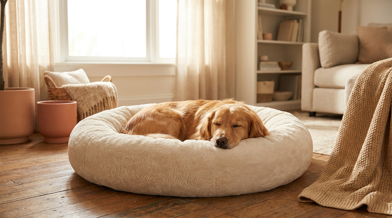 Calm dog resting peacefully in a plush raised-rim calming donut bed in a cozy sunlit room