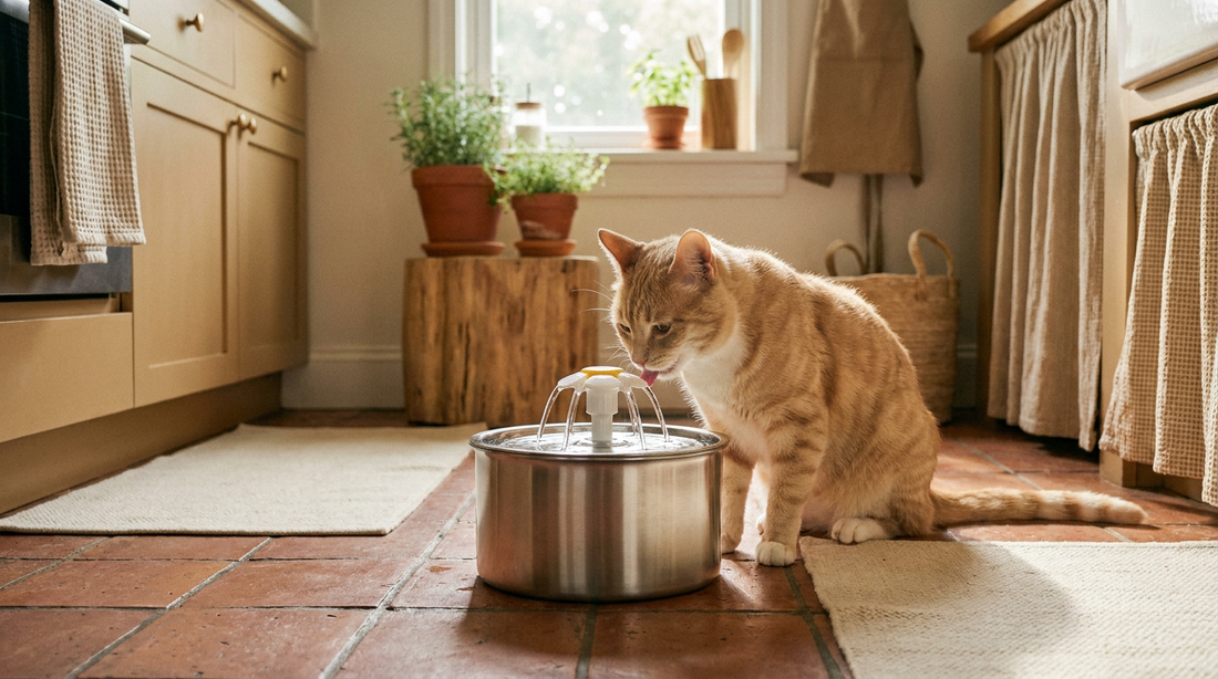 Cat drinking from a gently flowing stainless-steel pet water fountain in a bright kitchen