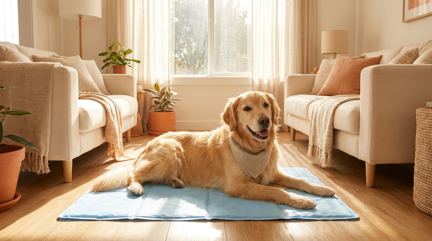 Relaxed dog lying cool and content on a pet cooling mat in a bright airy room in summer