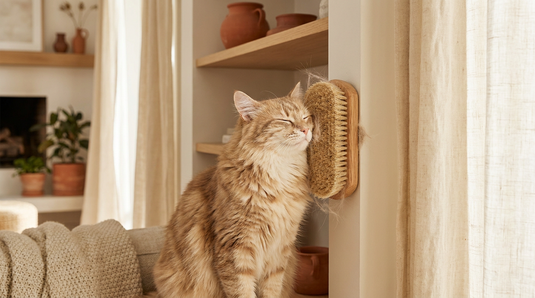 Fluffy cat rubbing against a wall-mounted corner grooming brush to reduce shedding at home