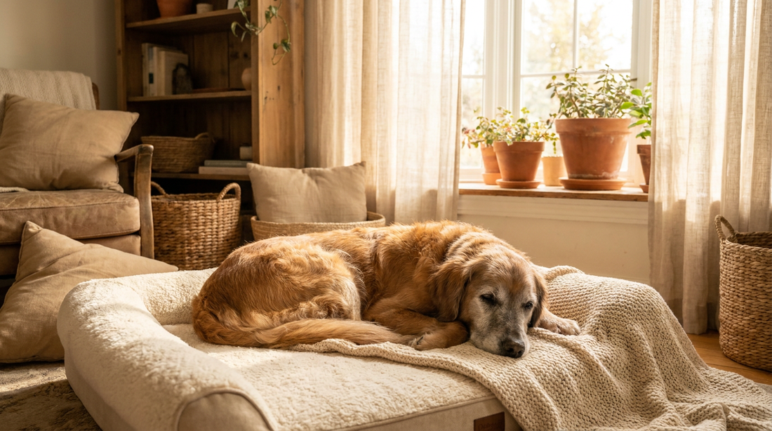 Gentle senior dog with a greying muzzle resting comfortably on a soft cushioned bed
