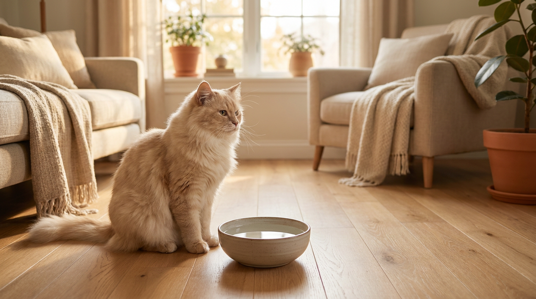 Curious cat sitting beside a still water bowl, a sign it may not be drinking enough water