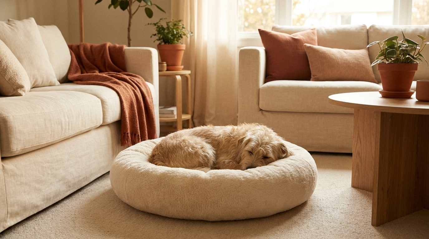 Medium dog curled comfortably inside a correctly sized round plush donut calming bed