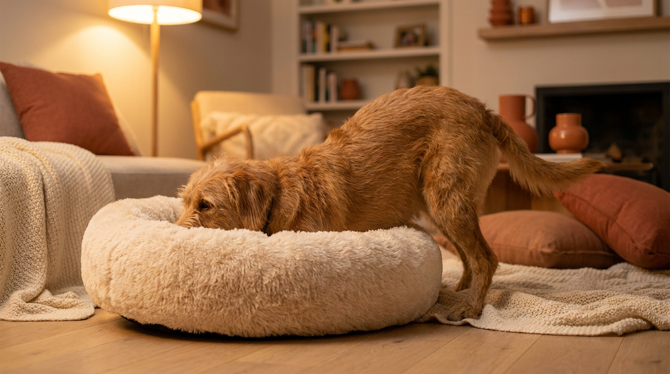 Dog settling into a plush faux-fur donut bed in a softly lit living room in the evening