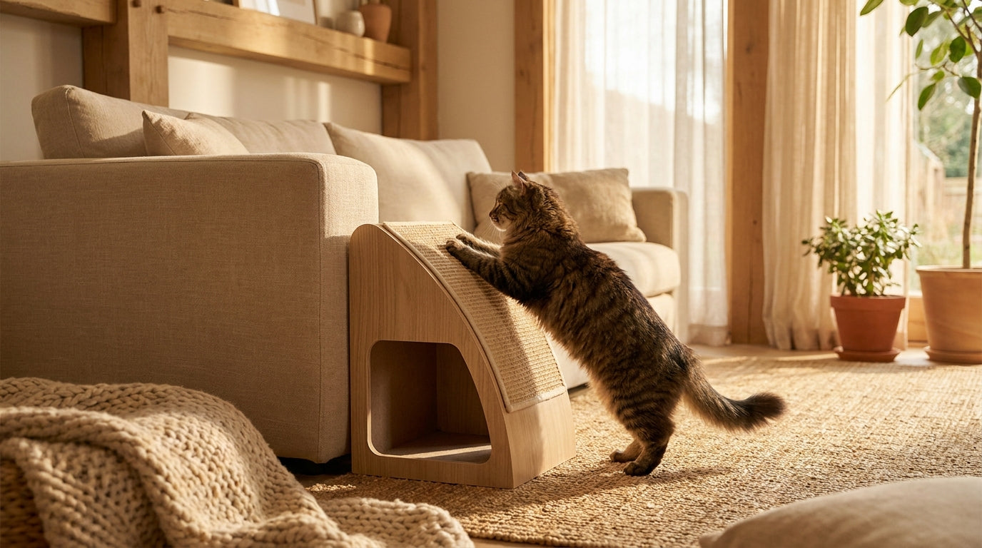 A tabby cat stretching up to scratch a wooden cat scratcher lounge instead of the sofa in a sunlit, cream-toned living room