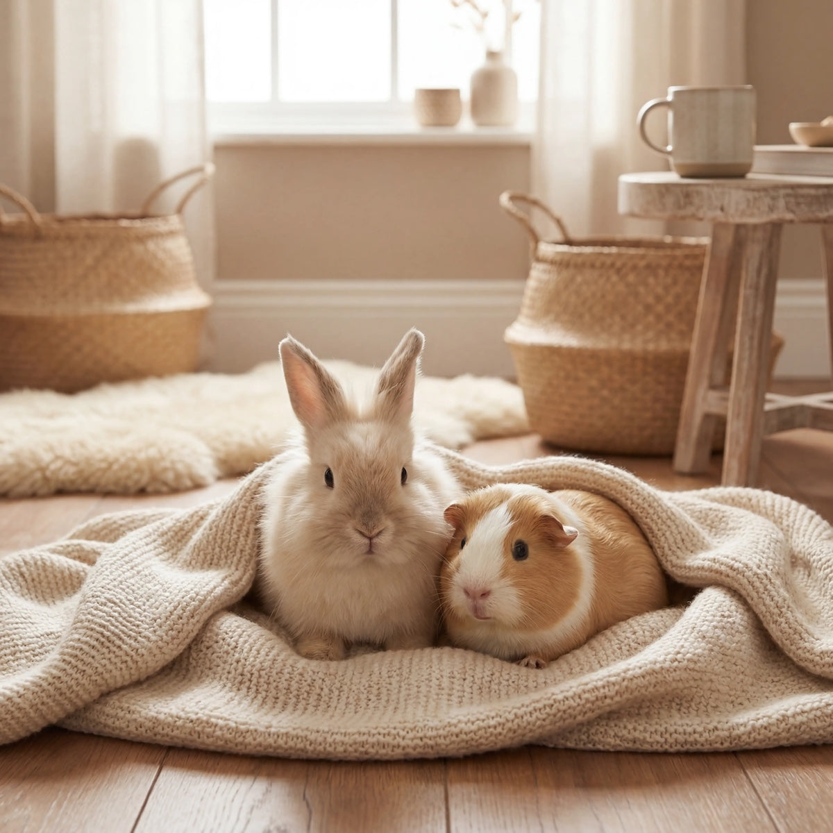 Rabbit and guinea pig nestled in a knit blanket