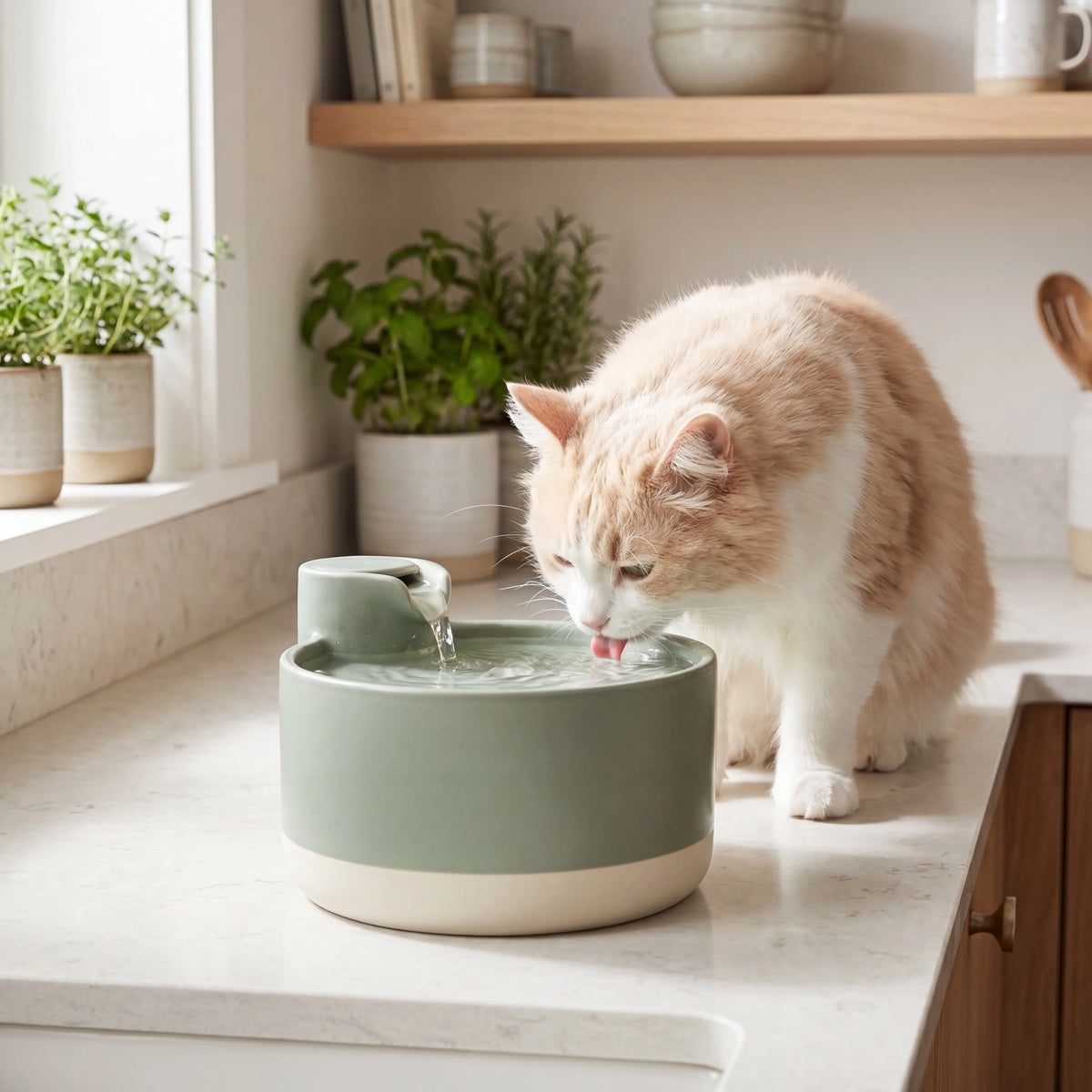 Cat drinking from a water fountain