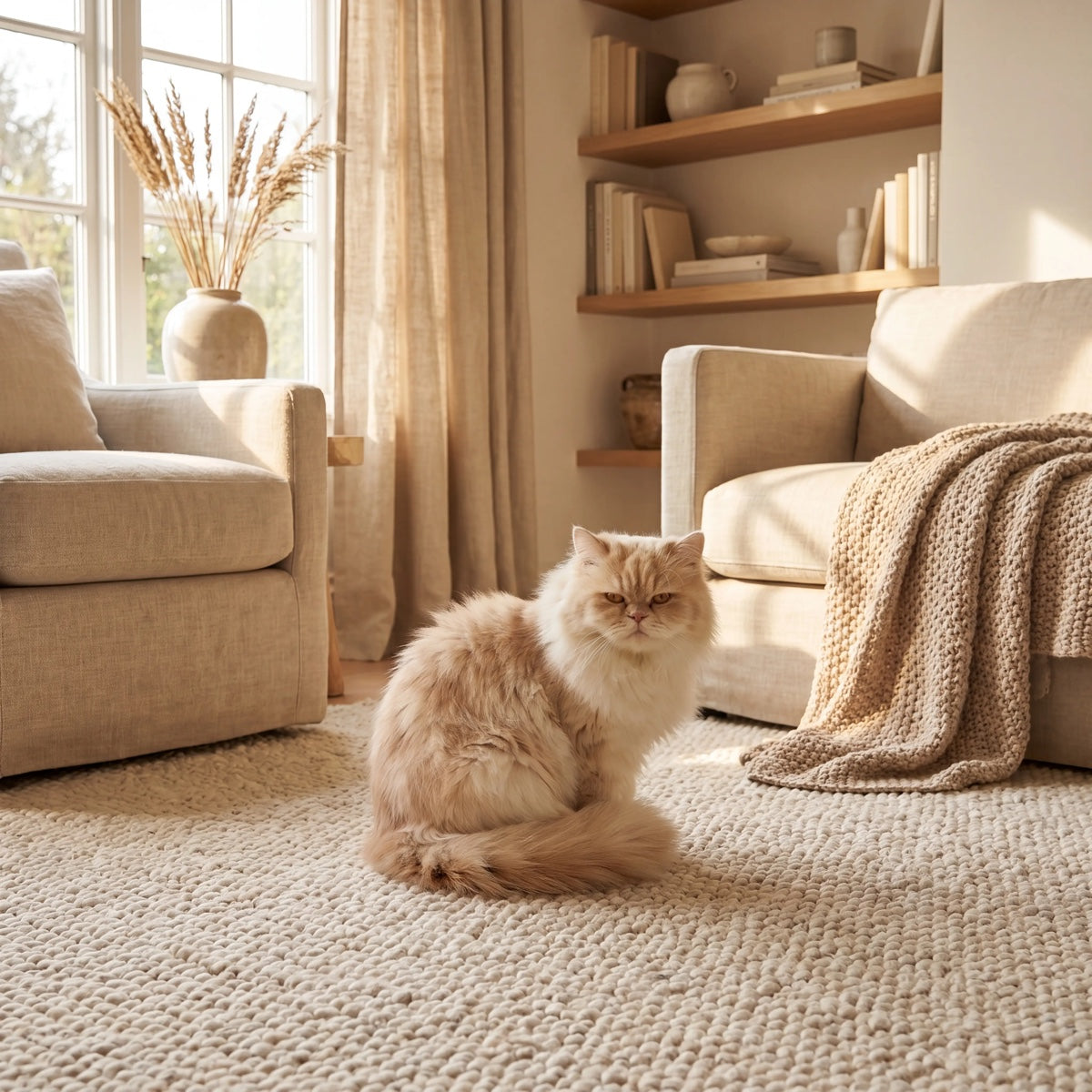 Cat sitting calmly in a warm sunlit living room