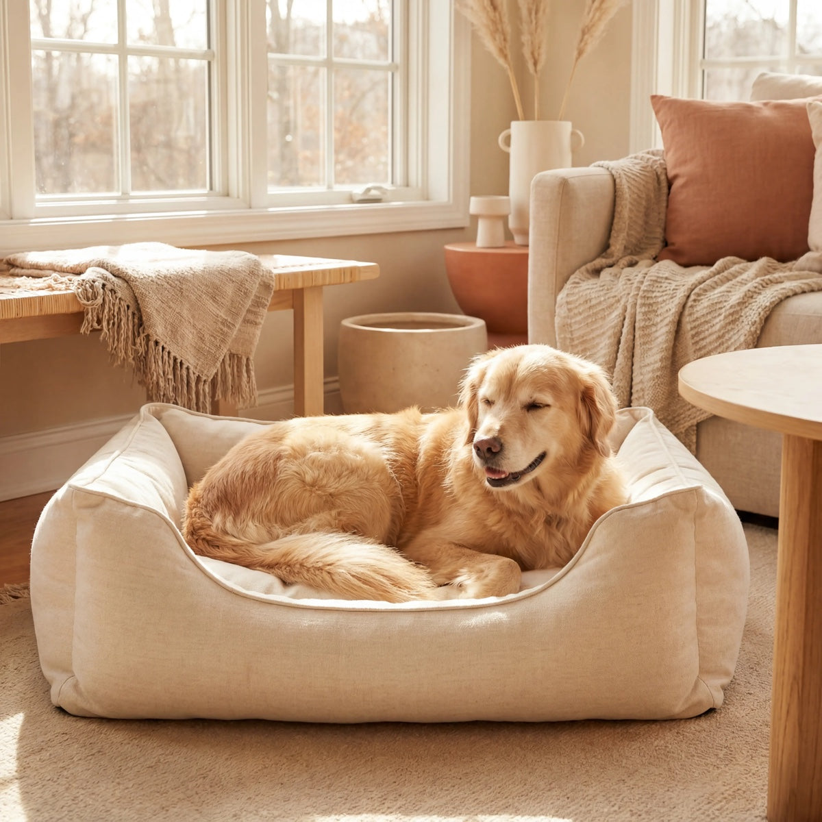 Golden retriever resting in a cream pet bed