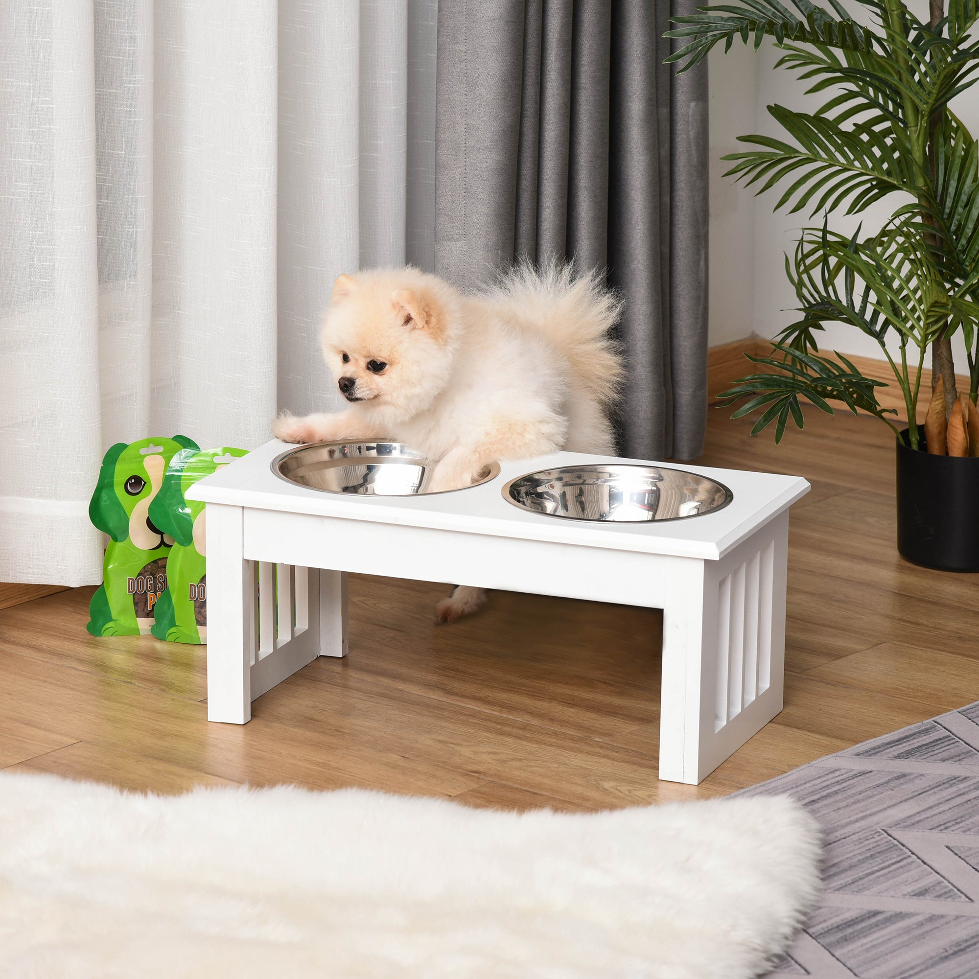 Elevated dog feeding station with stainless steel bowls