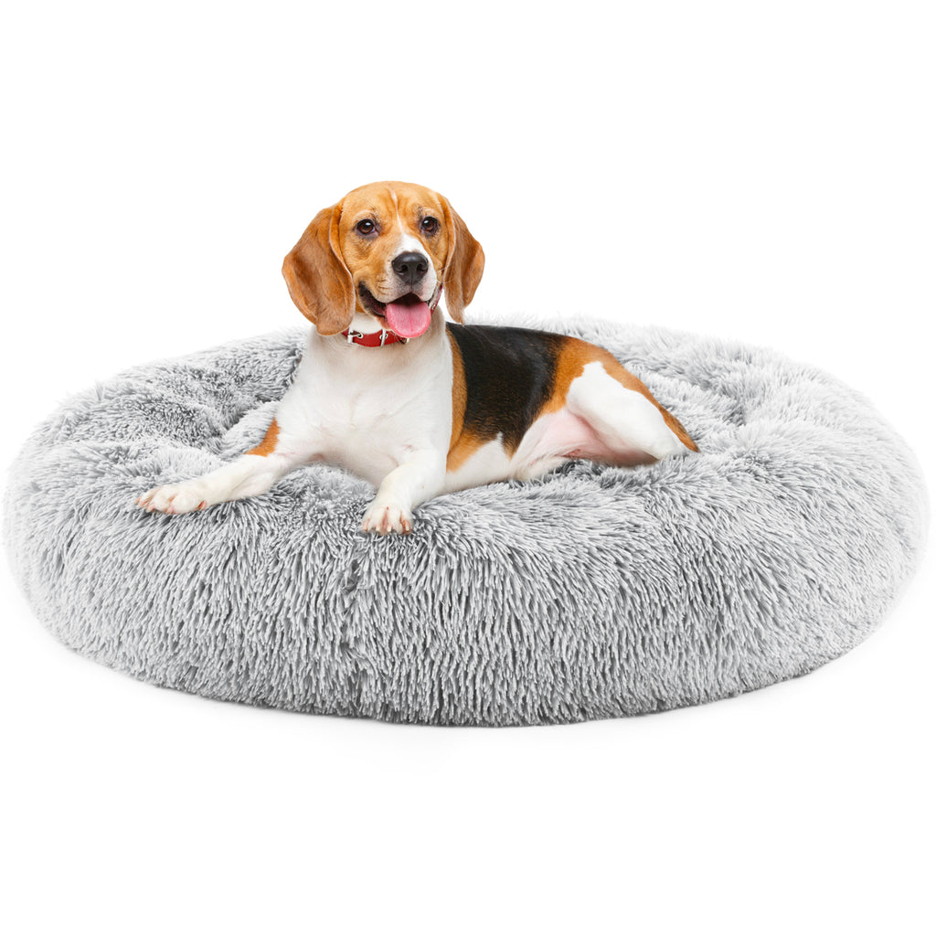 Plush faux fur round cat bed in brown, top view