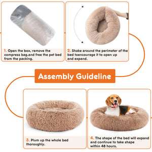 Step-by-step assembly guide for cozy, fluffy dog bed — unpack, shake, plump, and let expand for comfy pet sleep