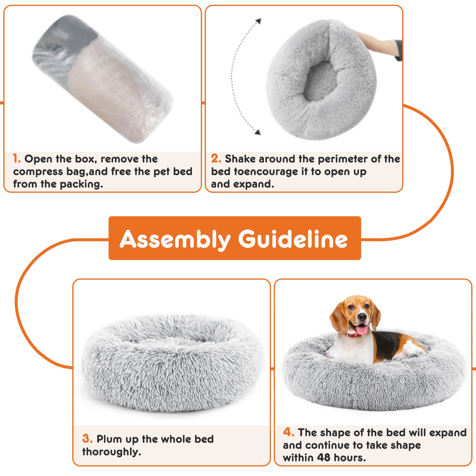 Plush faux fur round bed, machine washable, anti-slip base