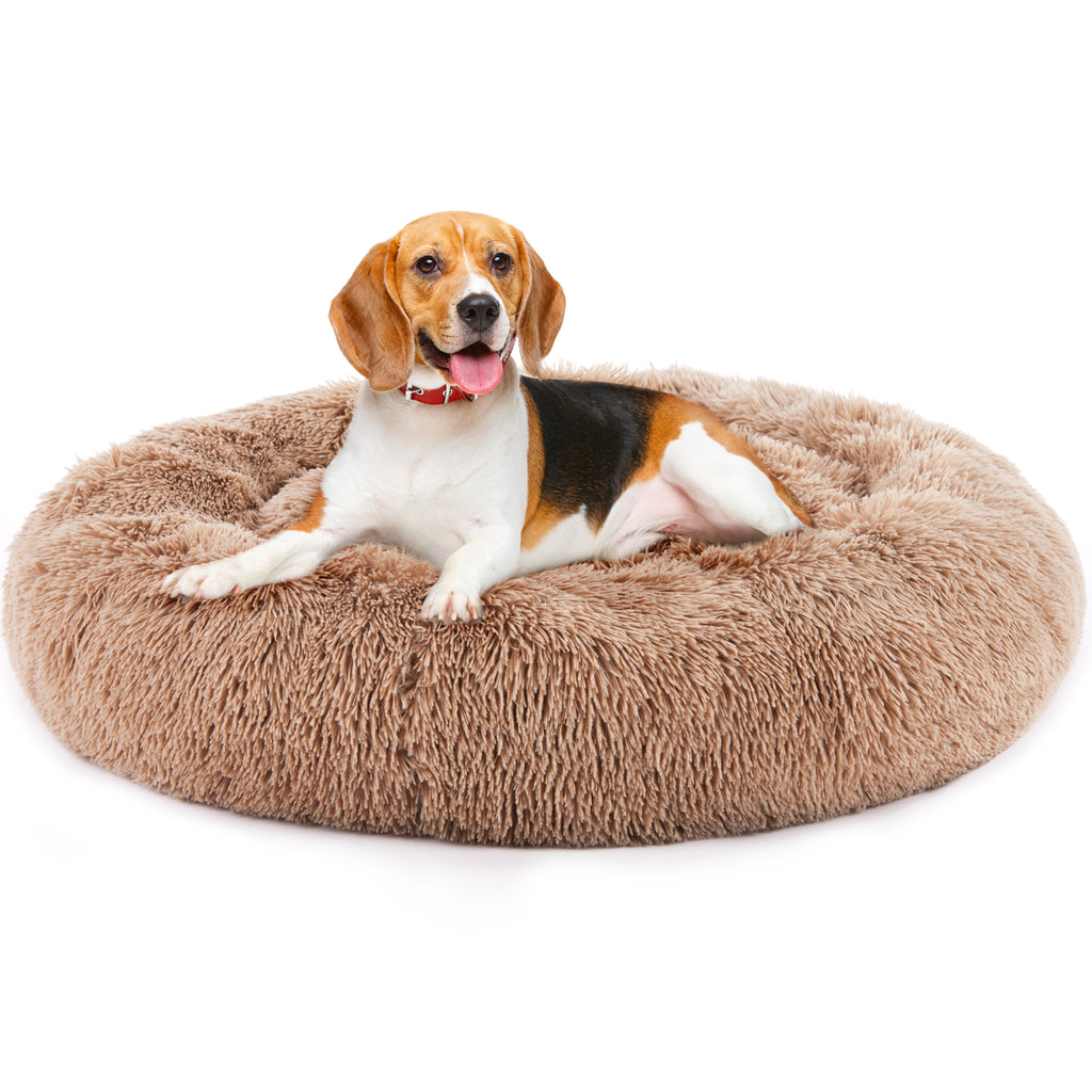 Plush faux fur round bed in grey colourway