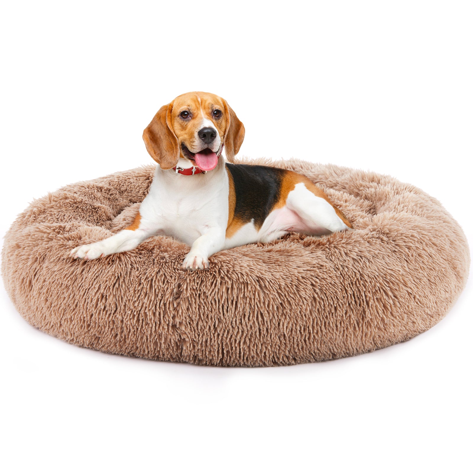 Plush faux fur round bed in grey colourway