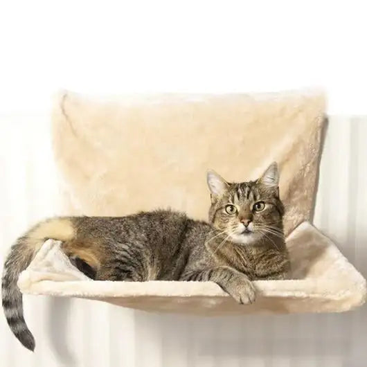 Easy-attach cat bed that clips to a window or radiator for a cozy perch