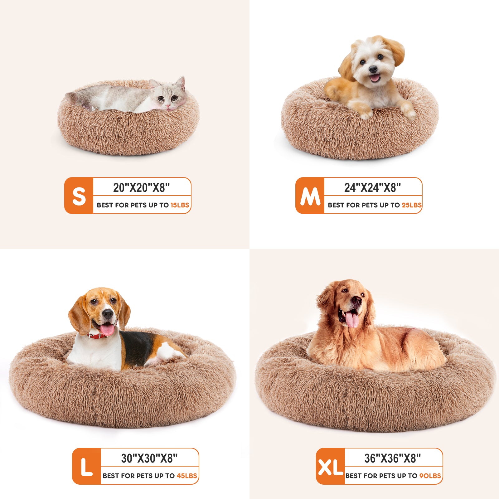 Plush faux fur round cat bed — four size options, S to XL