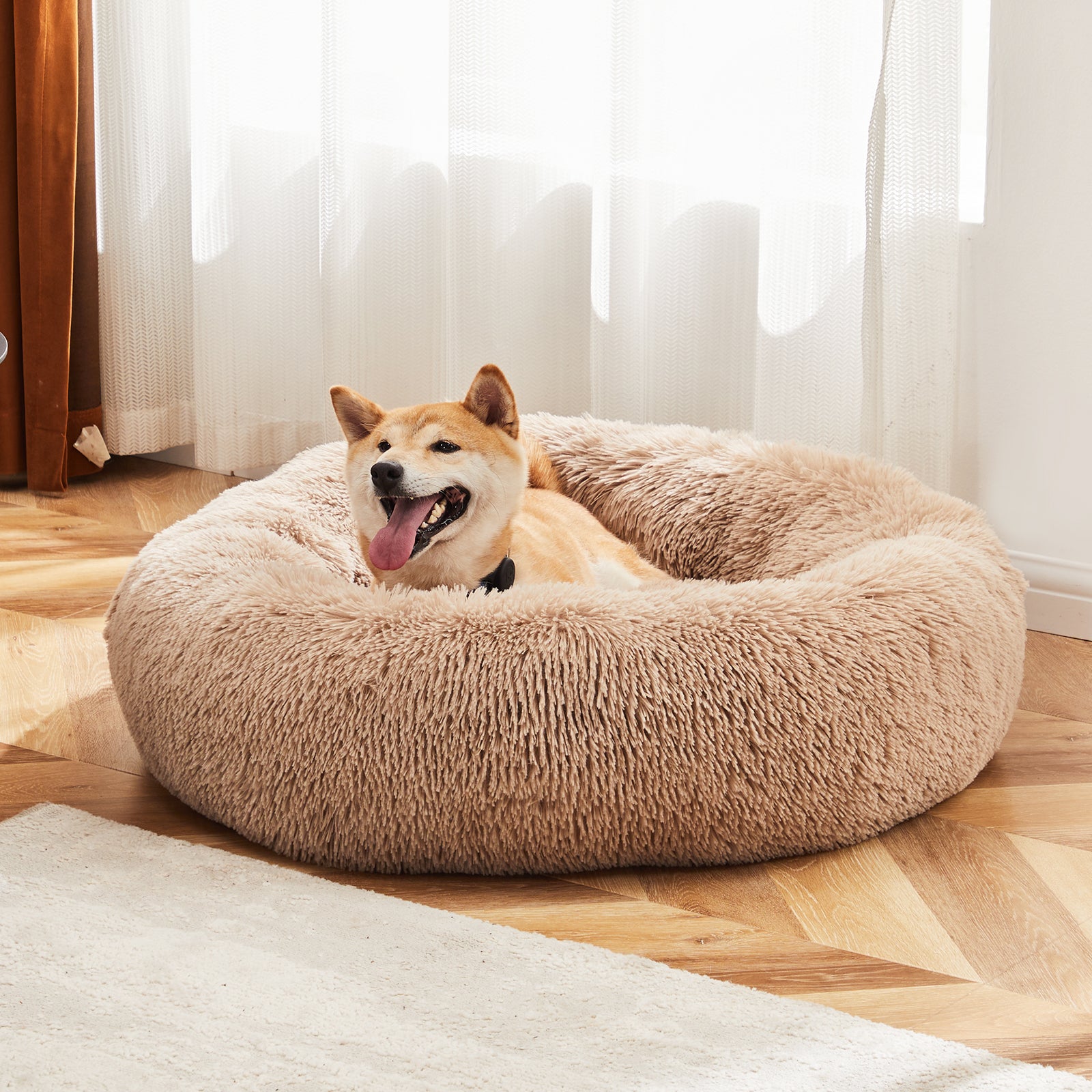 Plush faux-fur round cat bed with raised sides for a sense of security — view 3