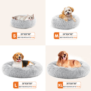 Fluffy gray pet beds in S, M, L, XL sizes for cats & dogs up to 90 lbs — cozy, supportive comfort for all breeds.