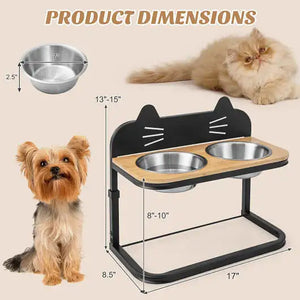 Cat and dog elevated feeder with stainless steel bowls, cat-ear design, perfect for small pets