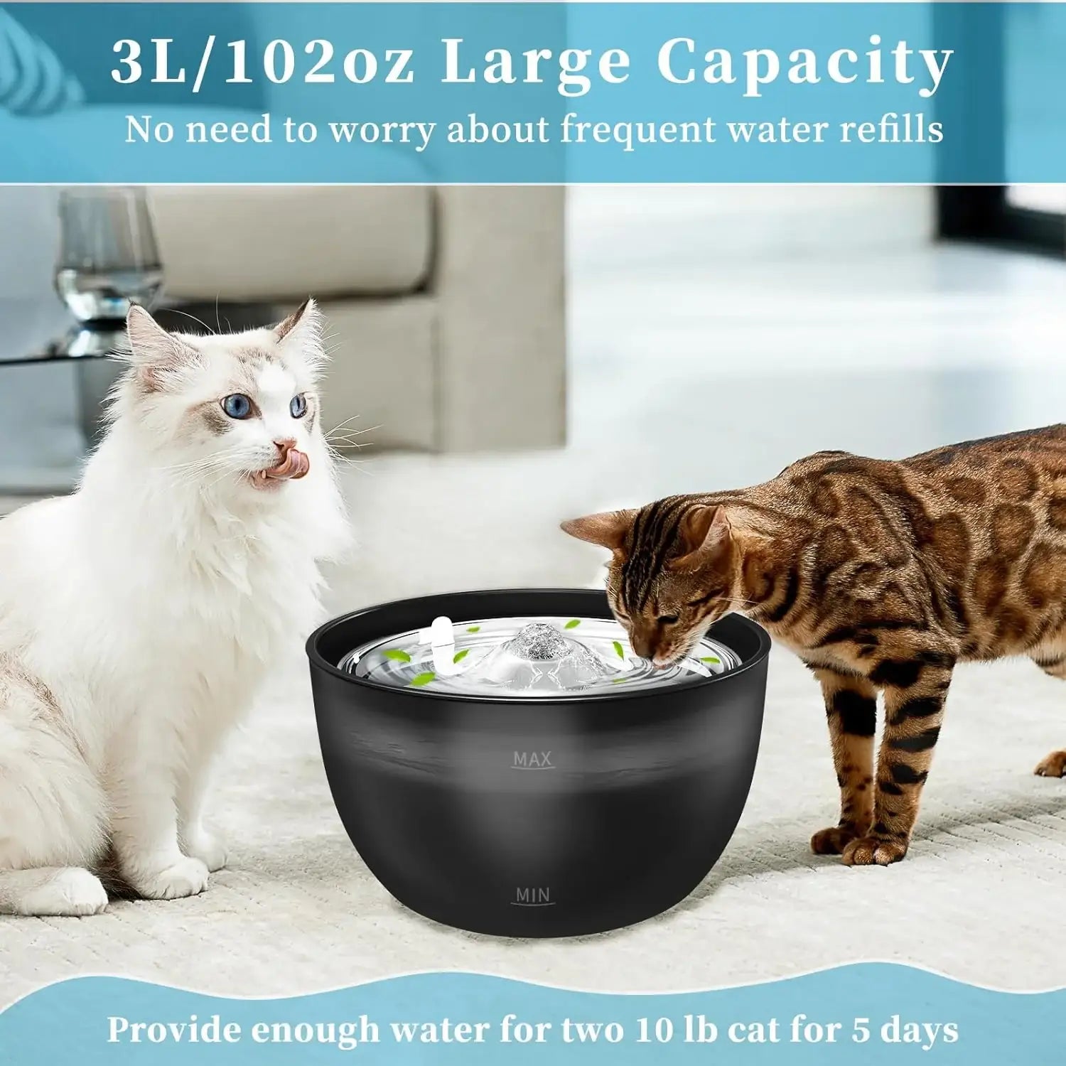 3-litre stainless steel pet water fountain with quiet automatic flow — view 2