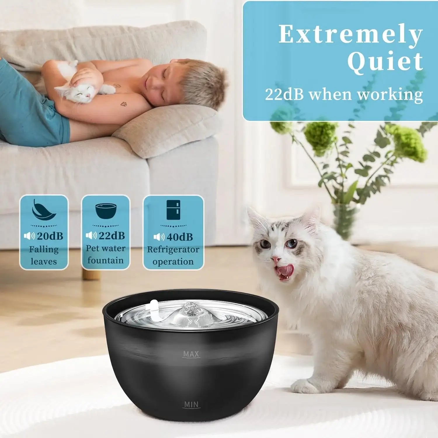 3-litre stainless steel pet water fountain with quiet automatic flow — view 3
