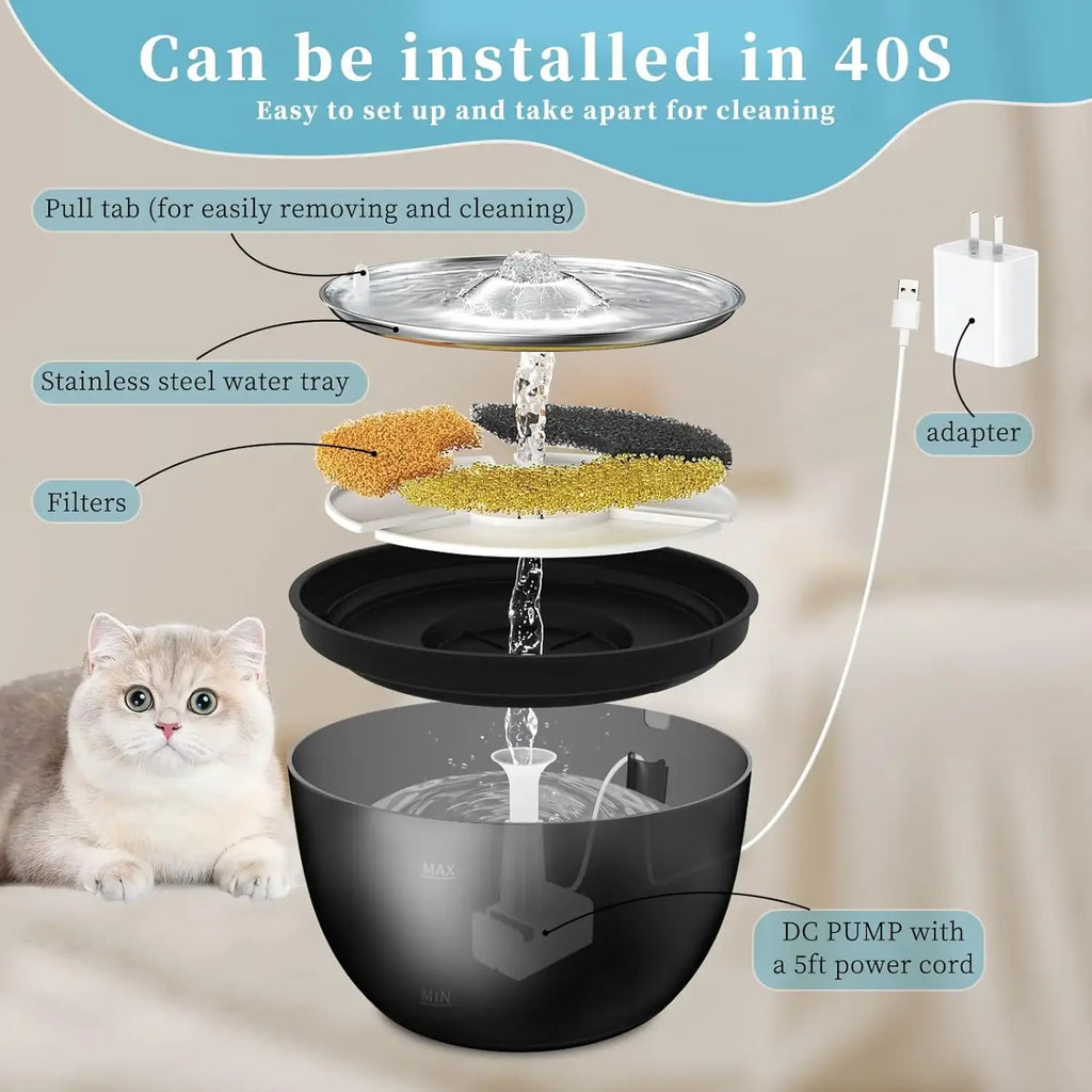 3-litre stainless steel pet water fountain with quiet automatic flow — view 5
