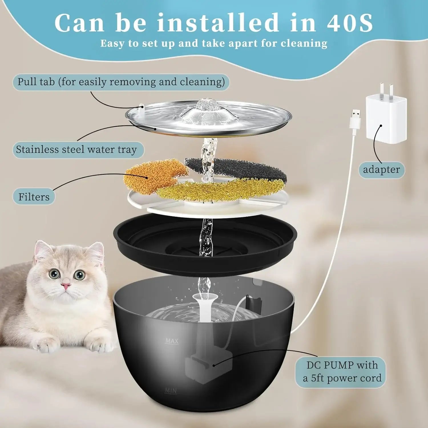 3-litre stainless steel pet water fountain with quiet automatic flow — view 5